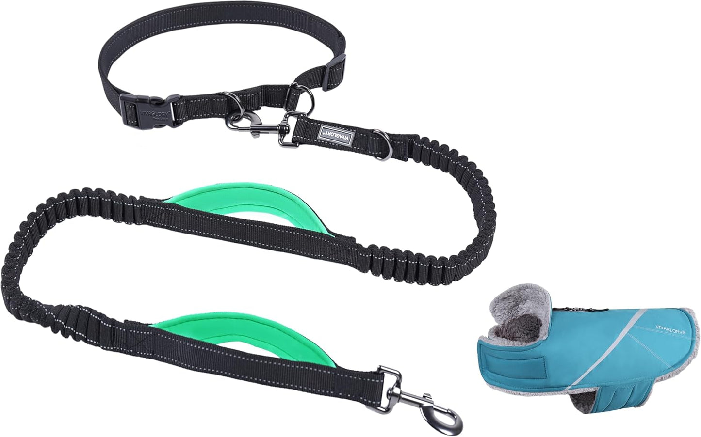 VIVAGLORY Hands Free Dog Leash + Dog Coat, Running Waist Leash with Belt for Running Walking, Warm Fleece Lined Reflective
