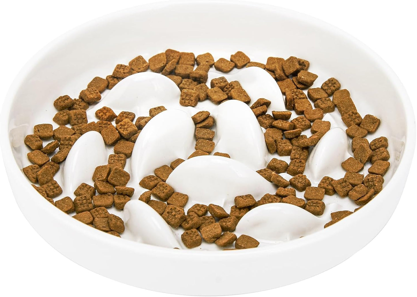 Ceramic Slow Feeder Cat Bowl 6.3'' Wide, Shallow Slow Eating Cat Bowl for Dry and Wet Food, Anti Gulping Pet Puzzle Feeder for Cats and Small Dogs, Dishwasher Safe (White)