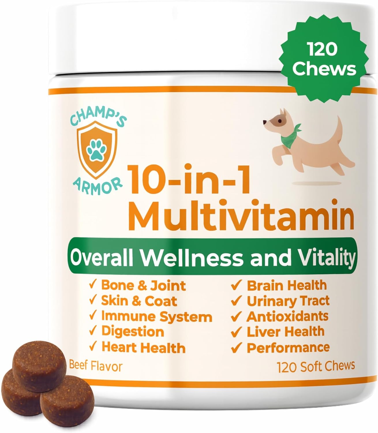 Champ's Armor 10-in-1 Multivitamin Soft Chews for Dogs – Hip & Joint, Skin, Digestion, Immune, Heart, and Brain Health. Complete Daily Support w/Glucosamine, Salmon Oil, Probiotics & More – 120 Ct