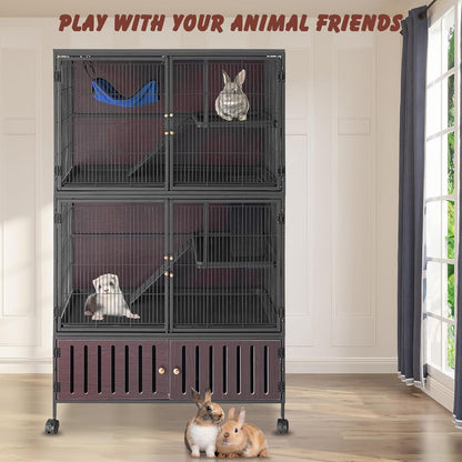 60" Large Metal Ferret Cage, Multi-Level Chinchilla Cages with Lockable Doors,3 Metal Ramps, 4 Wheels, Small Animal Cage with PP Trays & Storage Cabinet for Chinchillas, Ferrets, Guinea Pigs, Rats