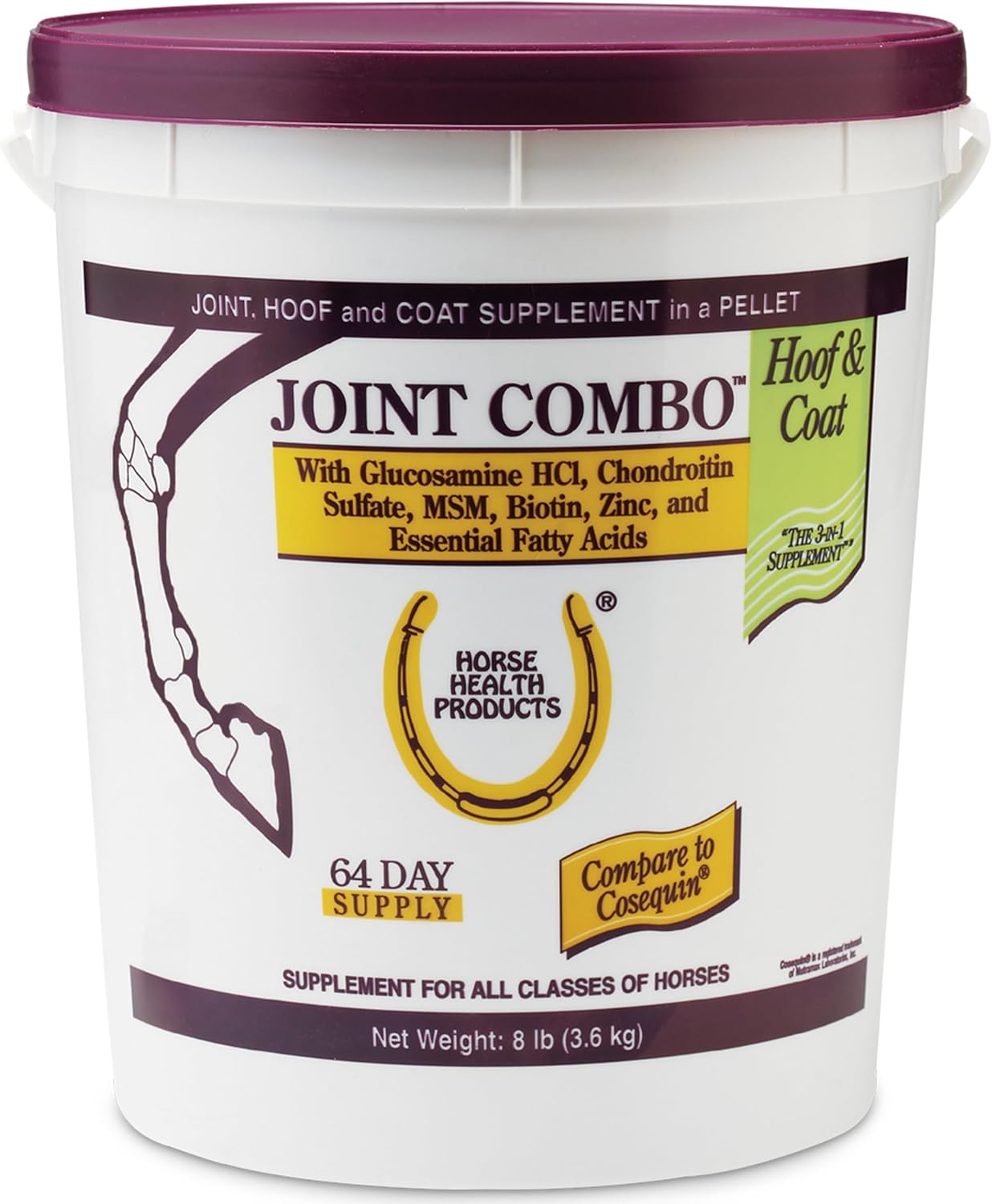 Horse Health Joint Combo Hoof & Coat, Glucosamin, Chrondroitin, Vitamin C, MSM, Biotin, Lysine, ZInc, Omega 3 and 6 Fatty Acids, 64 day supply