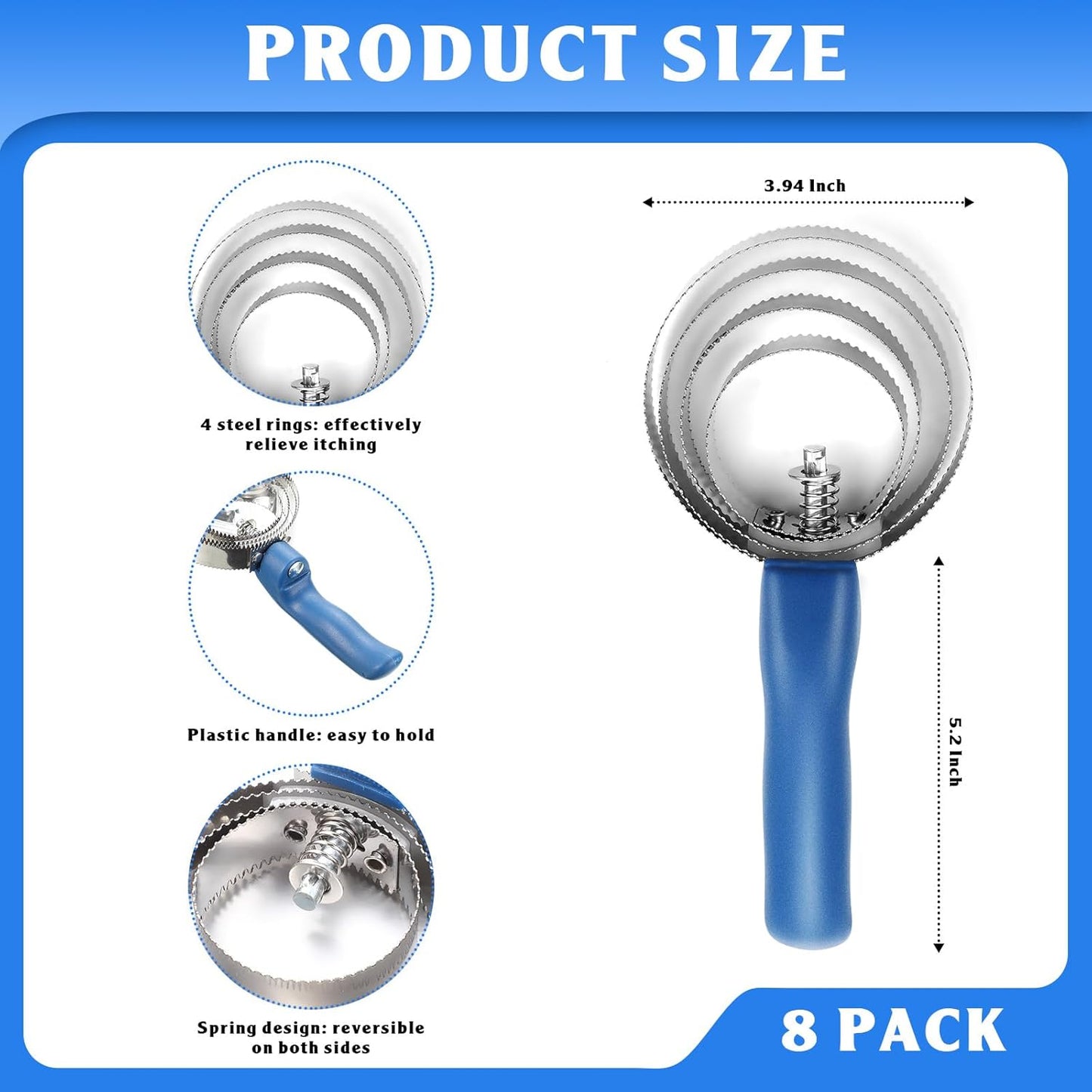 Tanlade 8 Pack 4 Rings Curry Comb Horse Brush Metal Curry Brush Derby Party Supplies Reversible Stainless Steel Curry Comb Scraper with Comfortable Grip for Cow Sheep Pet Dog Goat Horse, Blue