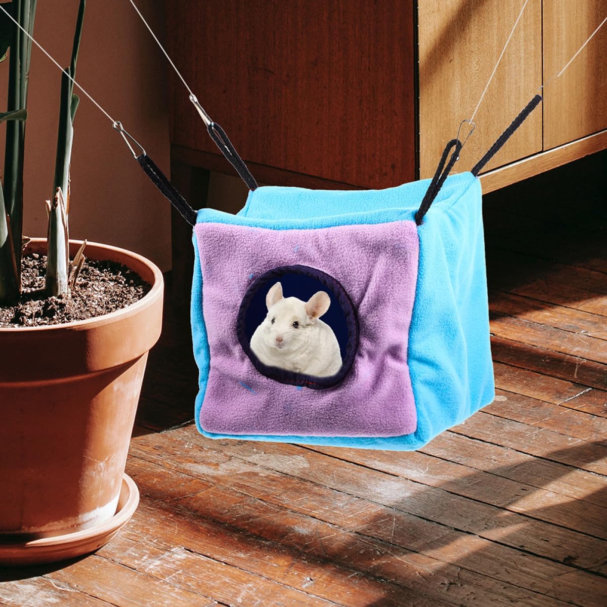 Small Animal Hanging Hammock Cage with Double-Layer Cozy Cube Bed for Hamsters Squirrels Ferrets and Chinchillas Small Pet Suspend Cage Hideout