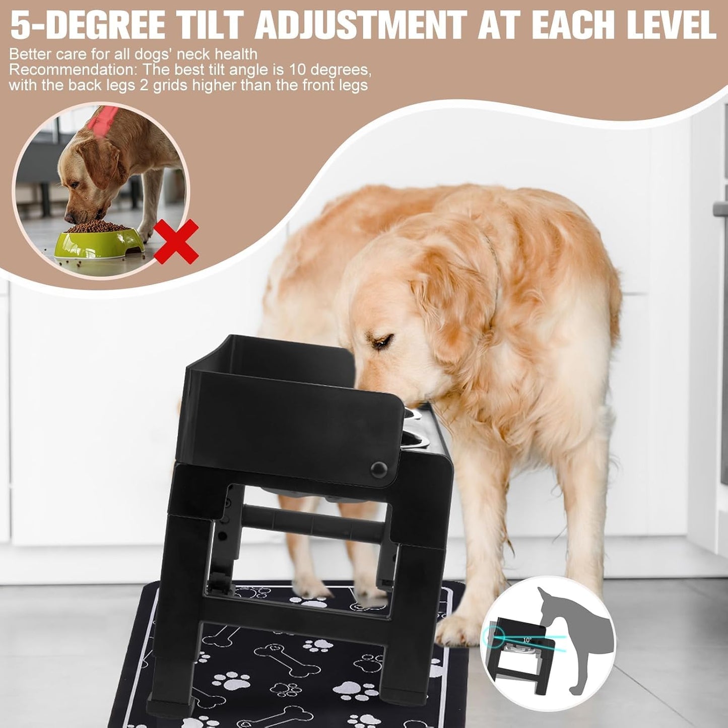 BINGPET Elevated Dog Bowls with Mat,Raised Dog Bowl,6 Heights Adjustable Stand,Non-Slip and Non-Spill Food Bowl for Small Medium Large Dogs