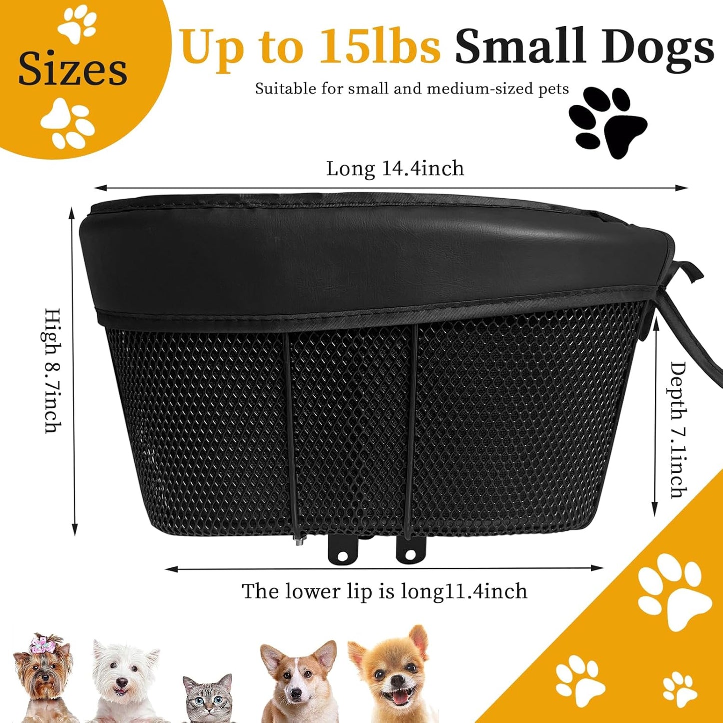 Dog Bike Basket, Adjustable Safety Strap Pet Bike Basket, Bike Dog Basket with Black Liner,for Up to 15lbs Small Dogs Cats Pets(Black)