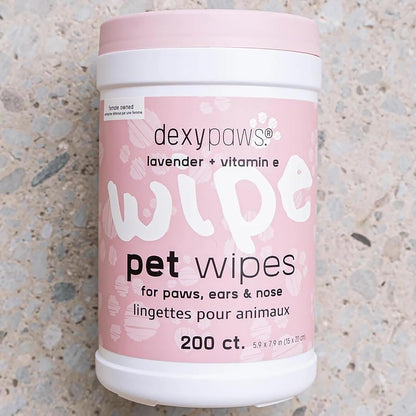 Dexypaws: Pet Wipes - Lavender & Vitamin E - 200ct Canister Cleansing Wet Wipes, Cats & Dogs Grooming Care, Paws-Face-Ears-Nose, Moist-Gentle-Portable