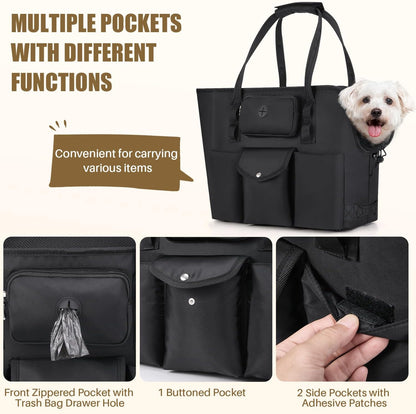 SlowTon Dog Purse Carrier - Portable Dog Carrier with Pockets & Safety Leash for Small Dogs Under 12 lbs, Breathable Pet Tote Bag for Cat Rabbit Outing, Travel, Vet (Black)