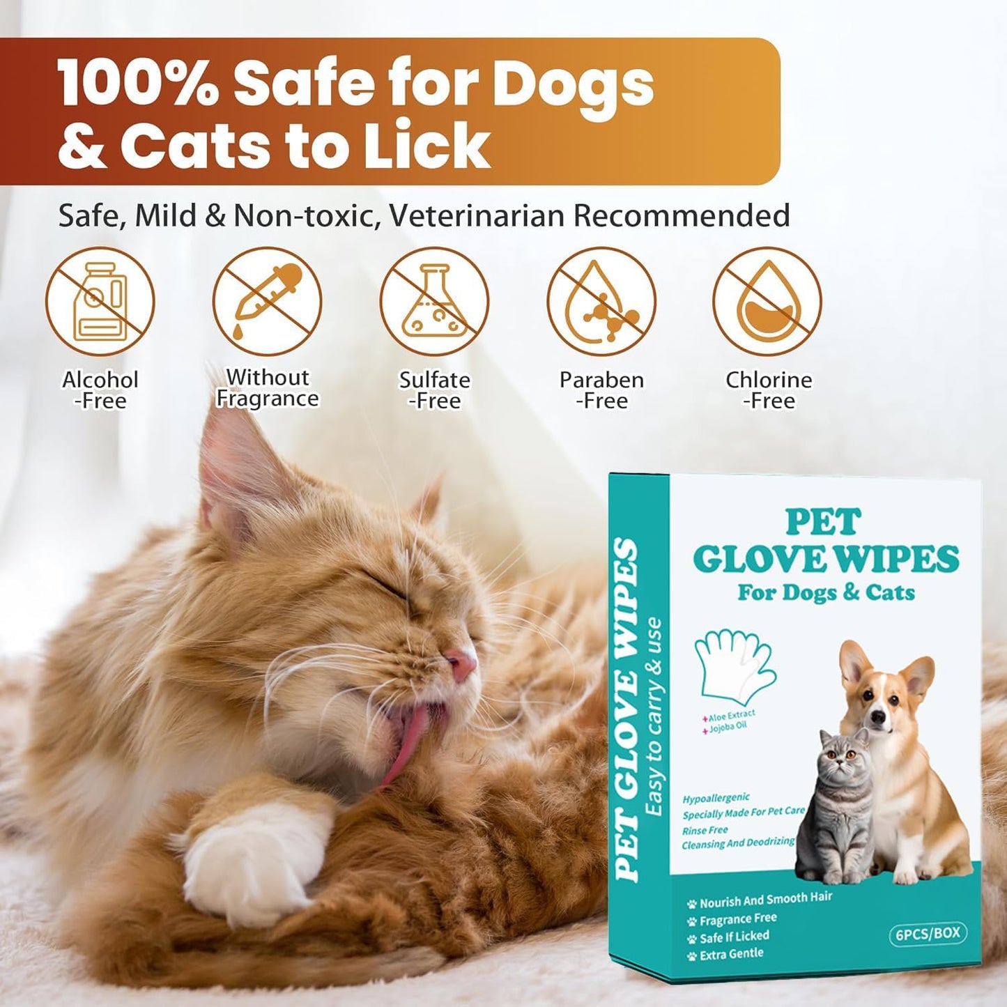 Pet Grooming Glove Wipes, 6-Pack (Individually Wrapped) - Disposable & Rinse-Free for Dogs and Cats, Unscented & Hypoallergenic - Thickened, Moisture-Rich Wipes for Cleaning, Deodorizing & Travel