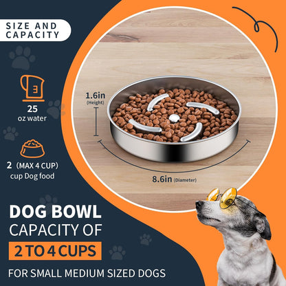 Slow Feeder Dog Bowls with Non-Slip Bottom Stainless Steel Metal Slow Feeing Bowls 3 Cups for Small Medium Dogs and Fast Eaters Slowing Down of Eating