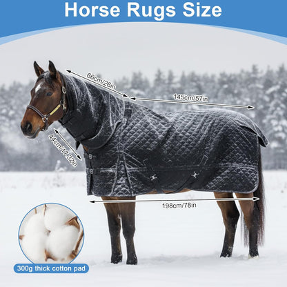 Yaomiao Winter Horse Blanket 78 Inch Waterproof Turnout Blanket Warm Cotton Filling Liner with Turnout Neck Cover Detachable for Horse, Black