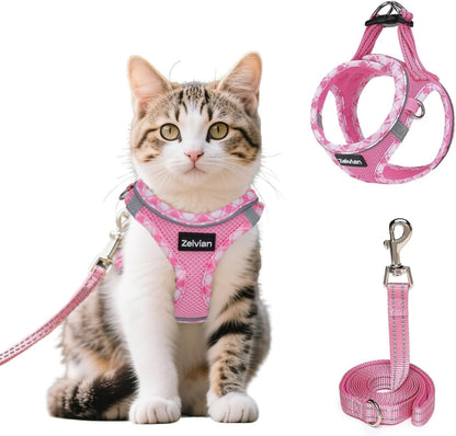 Cat Harness and Leash Set for Walking, Escape Proof Adjustable Soft Mesh Kitten Harness with Reflective Strips, Breathable No-Choke Pet Vest for Small Cats or Puppies(Pink,M)
