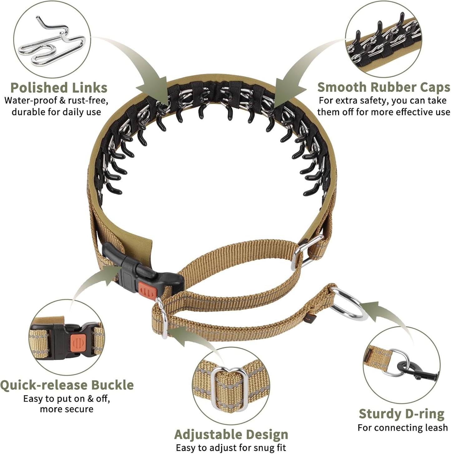 Mayerzon Martingale No Pull Collar for Medium Large Dogs German Shepherd Doberman Pitbull, Patented Anti Pull Correction Dog Collar for Walking Training, Reflective, Adjustable, Hidden(M, Khaki)