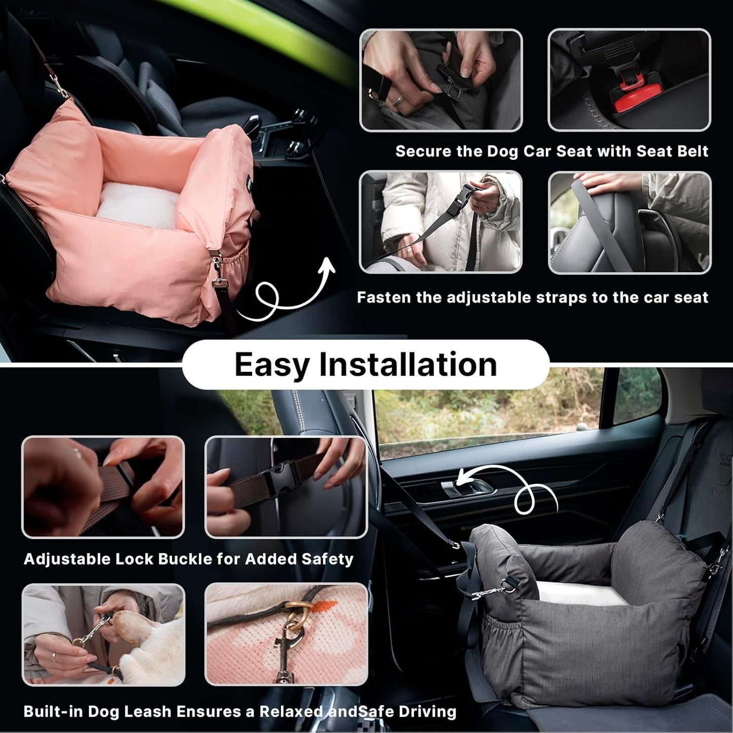 Dog Booster Car Seat for Small Dogs with Heavy Duty Safety Belt and Lock, Waterproof Detachable Dog Travel Bed for Car with Storage Pocket Up to 25lbs, Memory Foam Filling for Max Support