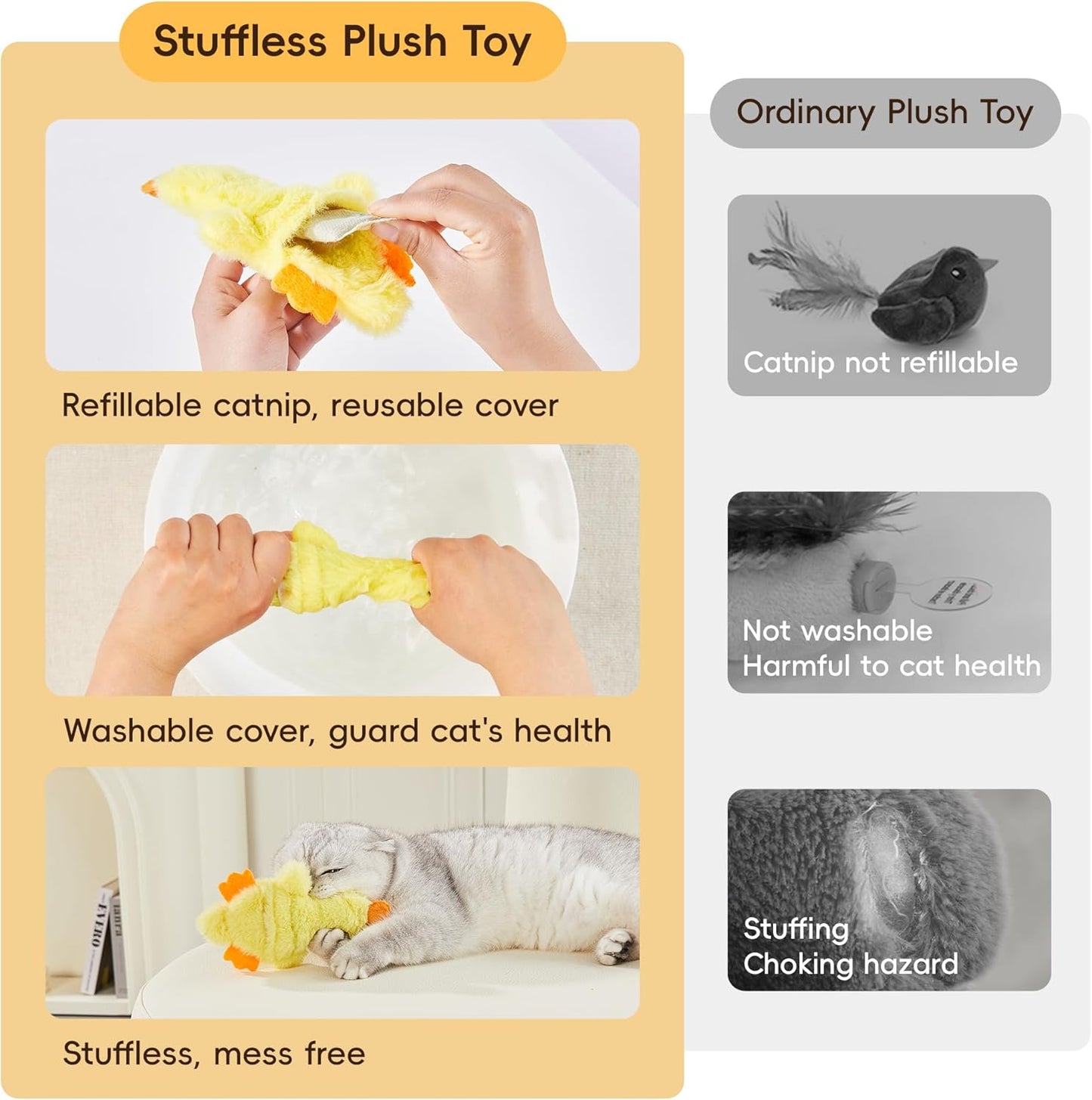 Potaroma Cat Toys Catnip Crinkly Sound 2 Pcs, Mess-Free Stuffless Kitten Toy, Durable Feline Bite Interactive Kicker Toys for Cat Indoor Exercise 6.5 Inches