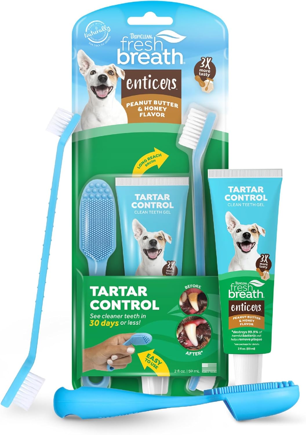 TropiClean Fresh Breath Oral Care Kit - Soft Bristle Finger Toothbrush - Dog Tooth Brushing Kit - Peanut Butter and Honey Flavor Dog Toothpaste