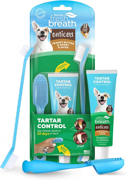 TropiClean Fresh Breath Oral Care Kit - Soft Bristle Finger Toothbrush - Dog Tooth Brushing Kit - Peanut Butter and Honey Flavor Dog Toothpaste