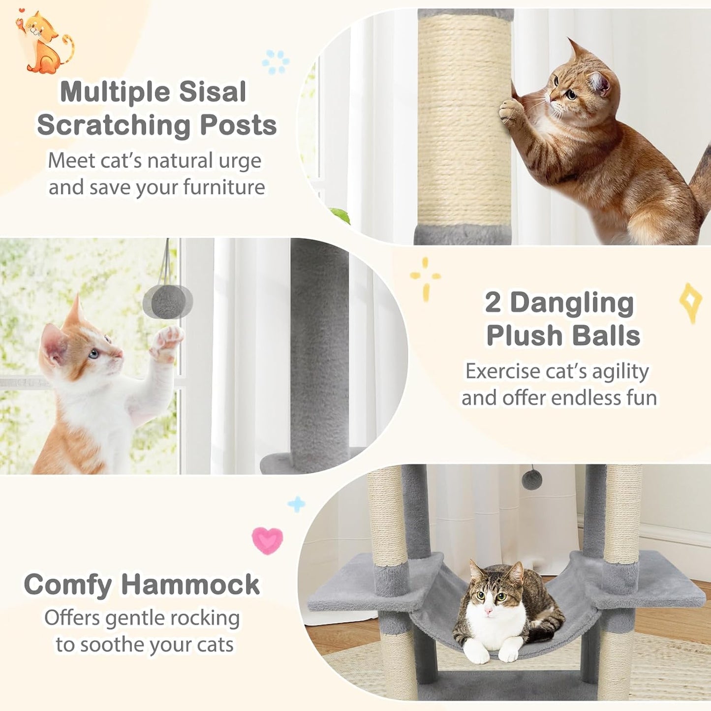 Tangkula 70 Inch Tall Cat Tree, Multi-Level Large Cat Tower with Sisal Scratching Posts, Plush Top Perch, 2 Condos, Hammock, 2 Dangling Balls, Cat Tree Tower for Indoor Cats Large Adults (Light Grey)