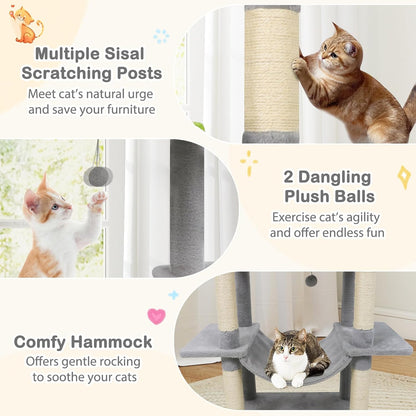 Tangkula 70 Inch Tall Cat Tree, Multi-Level Large Cat Tower with Sisal Scratching Posts, Plush Top Perch, 2 Condos, Hammock, 2 Dangling Balls, Cat Tree Tower for Indoor Cats Large Adults (Light Grey)