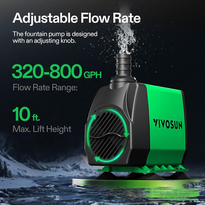 VIVOSUN 800GPH Submersible Pump(3000L/H, 24W), Ultra Quiet Water Fountain Pump with 10ft. High Lift with 6.5ft. Power Cord, 3 Nozzles for Fish Tank, Pond, Aquarium, Statuary, Hydroponics Green