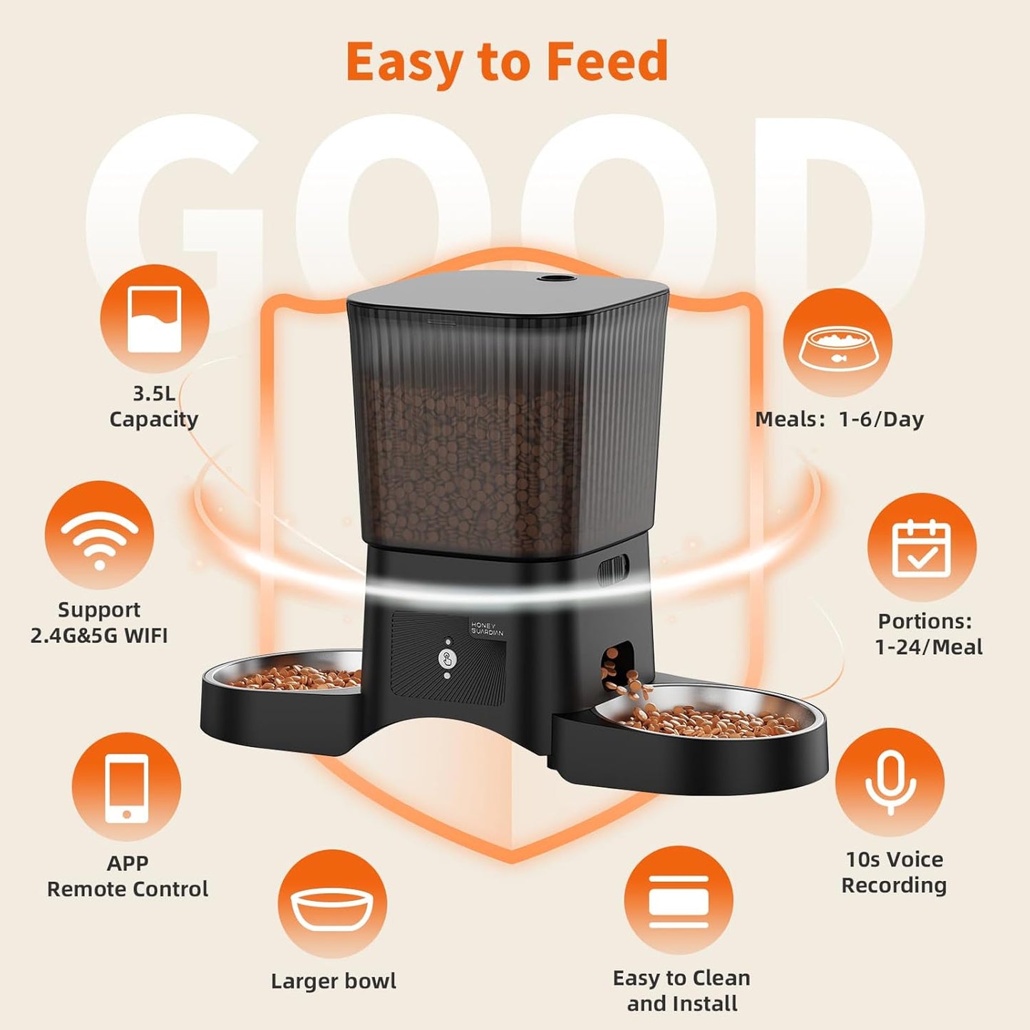 HoneyGuaridan Automatic Cat Feeder with 2.4G/5G WiFi,3.5L Cat Food Dispenser with APP Control – Includes 2 Stainless Steel Bowls & 2 Slow Feeder Anti-Choking Bowls, Four Anti-Slip Feet Black