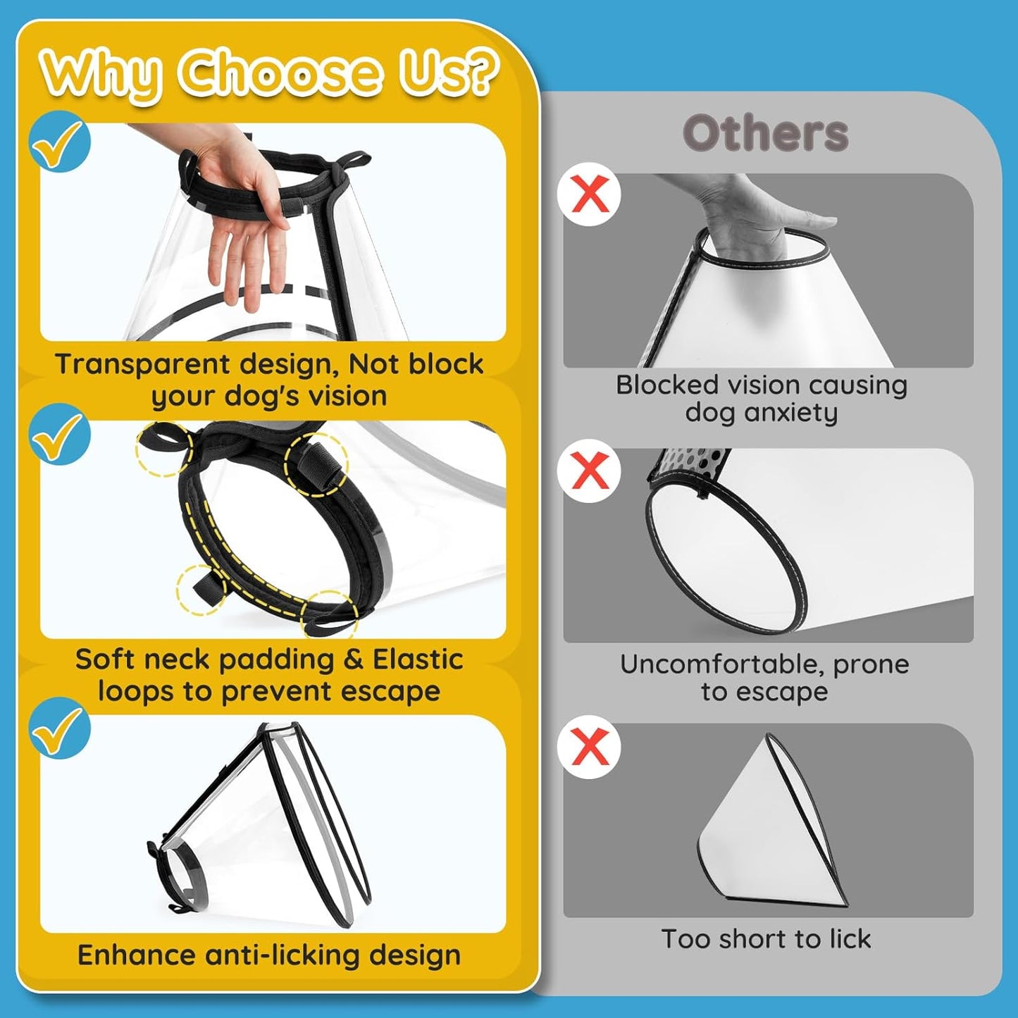 Dog Cone Collar After Surgery, Extended Dog Recovery Cone to Stop Licking Wounds, Transparent Soft Elizabethan Collar for Large Medium Small Dogs, Adjustable Pet Cone with Elastic Neck Loops