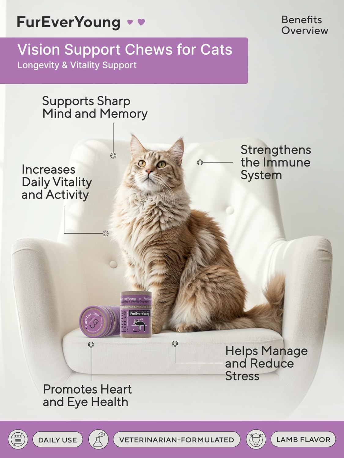 Vitamin Treats for Senior Cats: Vision & Brain Function, Longevity & Overall Vitality, Immune Health for Aging Cats. Enriched with Breakthrough Active Ingredients (30 Days Supply)