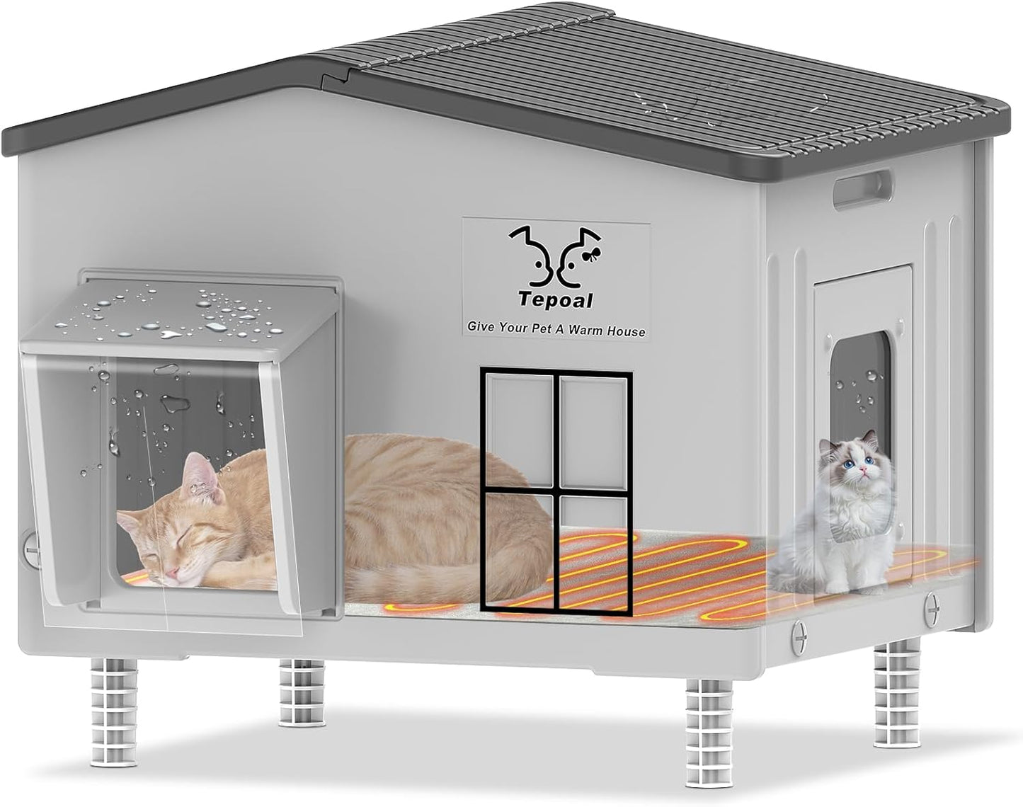 Large Plastic Heated Cat House for Outside in Winter, 100% Weatherproof & Insulated Outdoor Heated Cat House with Safe Escape Door, Elevated Feral Cats Shelter for Barn Cats 21.6"x17"x19.7"