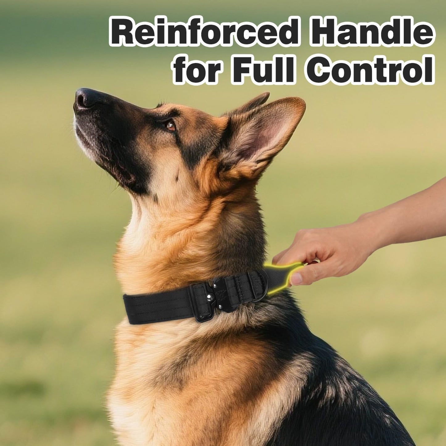 Joytale Heavy Duty Dog Collar with Handle, Adjustable Tactical Military Nylon Collar with Quick Release Metal Buckle for Large Dogs Walking Training, Soft Lining, Dual Rings, AirTag Case, L, Black