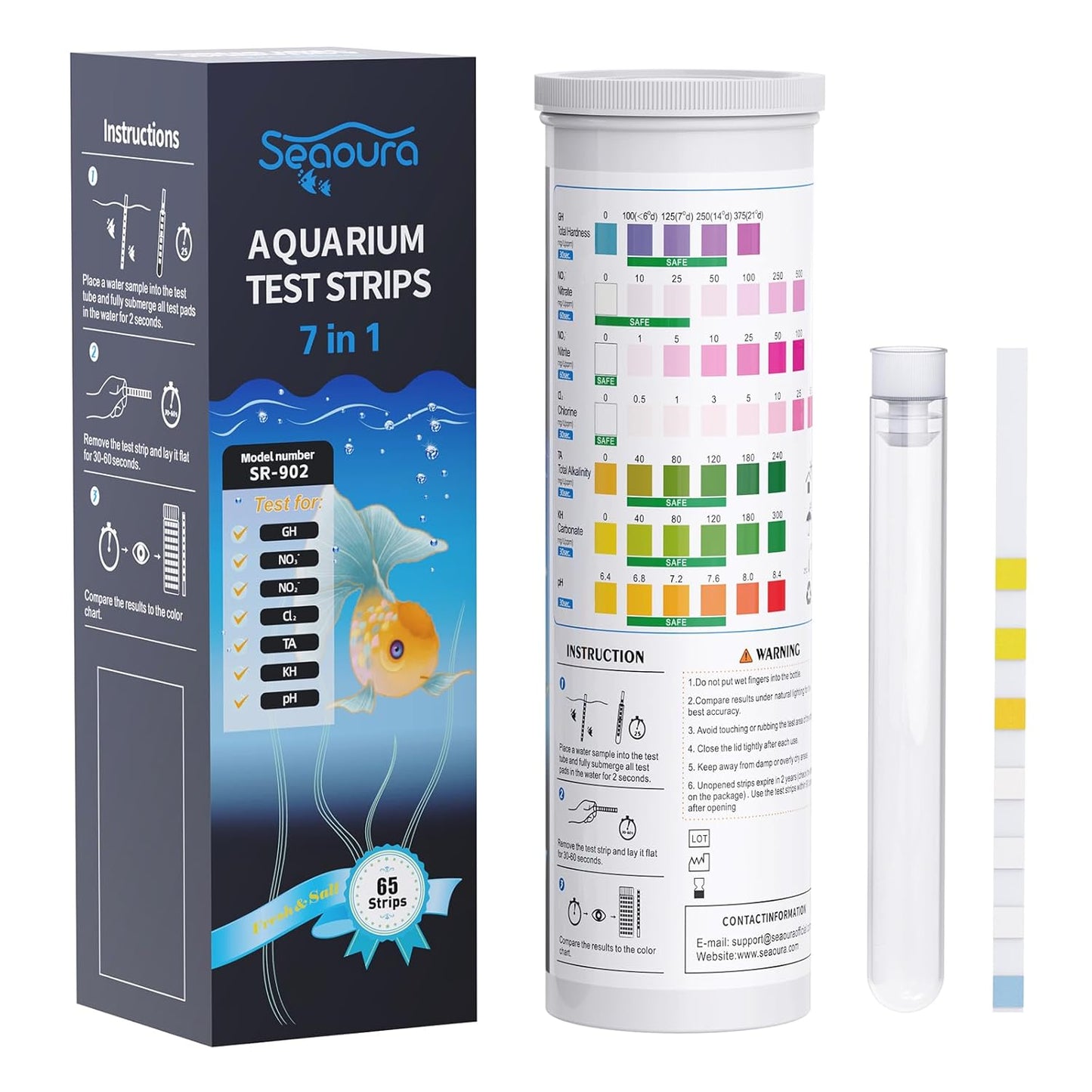 SEAOURA 7-in-1 Aquarium Test Kit for Fish Tanks - 65 Strips Water Testing Strips for Aquariums & Ponds Accurate Testing Nitrate，Nitrite，Chlorine，Hardness，Alkalinity，Carbonate，pH