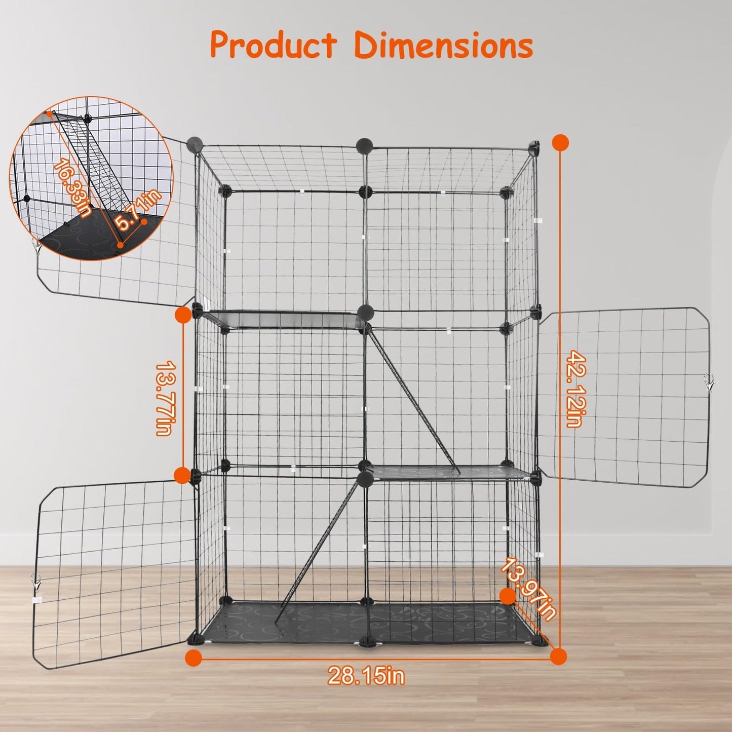 3 Tier Cat Playpen Cage Metal Indoor Cat House Detachable Kitten House with 3 Doors 2 Ladders Large Cat Exercise Place for 1-2 Cats Black