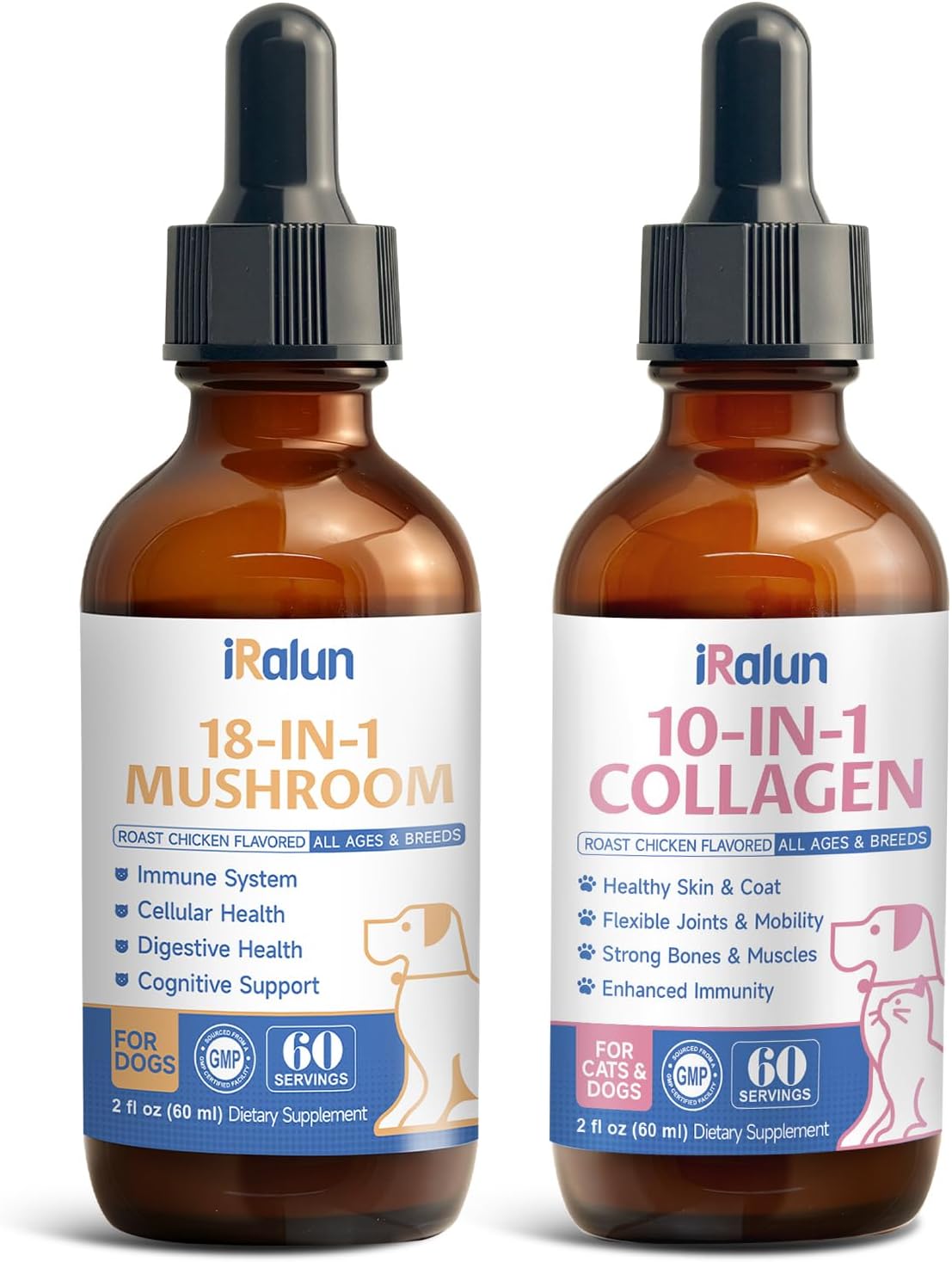 Dog Mushroom Drops + Dog Collagen Drops | Organic Mushroom Supplement & Liquid Collagen for Cats | Supports Joint, Immune, Skin & Coat Health | Roast Chicken Flavor | for All Ages