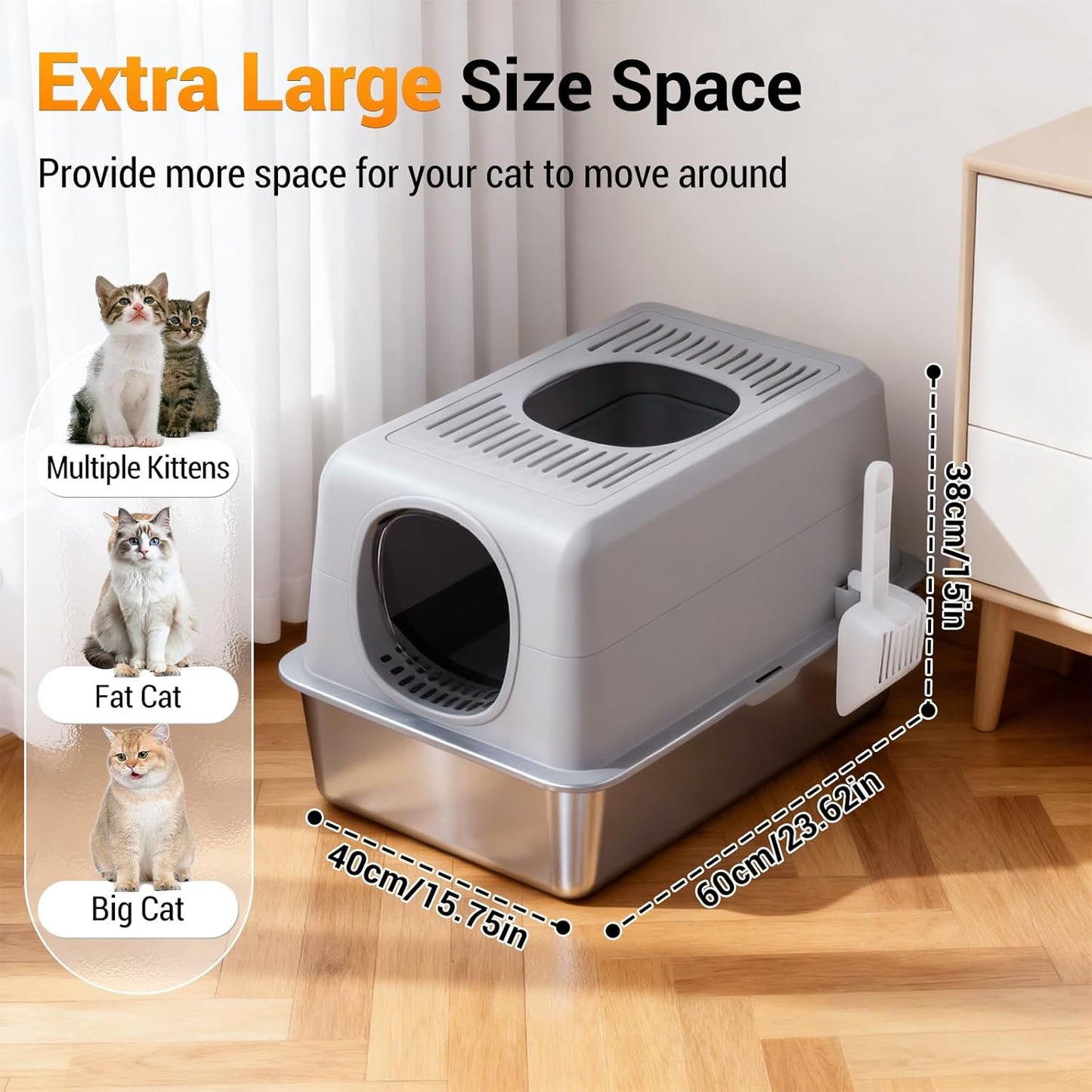 Extra Large Stainless Steel Cat Litter Box with Lid – Fully Enclosed, High Sides, Dual Entry (Front & Top), Odor-Resistant, Anti-Leakage, Easy to Clean, Non-Stick, Includes Scoop, Durable Metal Tray