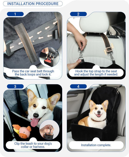 Dog Car Seat for Small Medium Dogs, Pet Booster Seat with Extendable Backrest, Pet Portable Car Seats up to 30 lbs, Washable Travel Bed with Storage Pockets and 2 Safety Leashes, Black