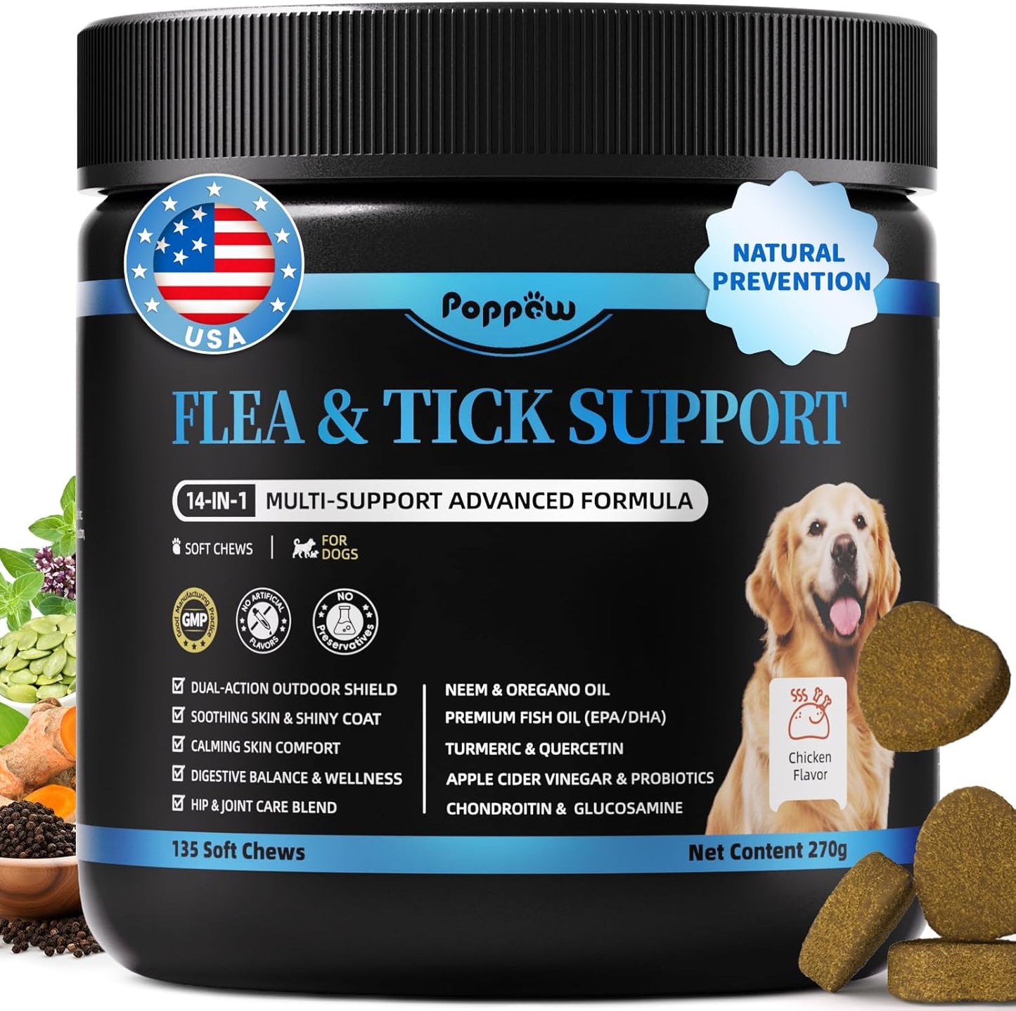 Dog Flea and Tick Treatment Chewable, 5-in-1 Natural Flea and Tick Prevention Chews, Dog Oral Flea and Tick Support Supplement, for All Breeds and Ages, Chicken Flavor, 135 Count