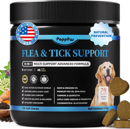 Dog Flea and Tick Treatment Chewable, 5-in-1 Natural Flea and Tick Prevention Chews, Dog Oral Flea and Tick Support Supplement, for All Breeds and Ages, Chicken Flavor, 135 Count
