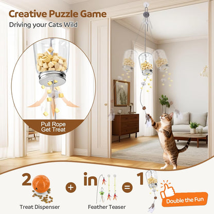 2-in-1 Cat Toy Interactive Feather Toy Door Hanging Kitty String Treat Toy Retractable Doorway Kitten Self Play Teaser Wand Toy Enrichment Accessories for Bored Indoor Kitten Adult Cat