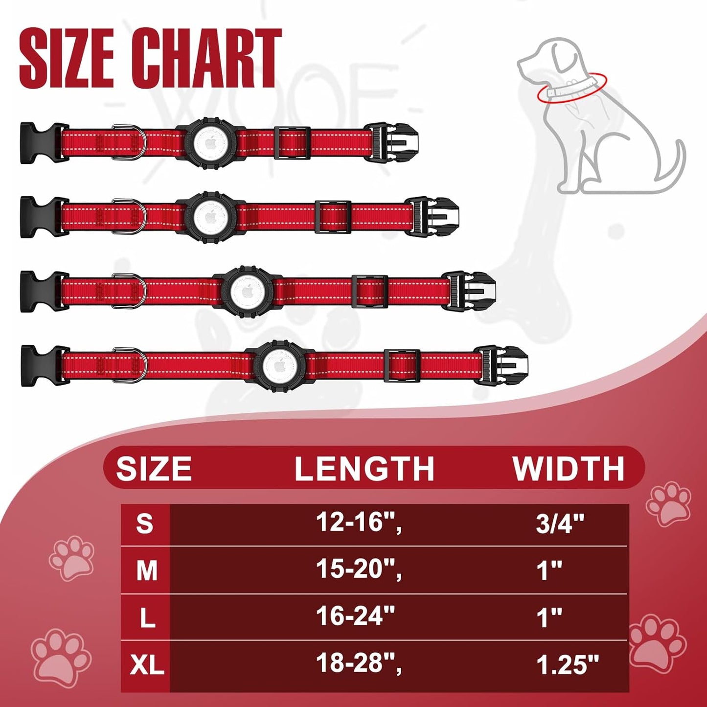 AirTag Dog Collar, Reflective Dog Collar with Airtag Holder, IP68 Waterproof Integrated Air Tag Dog Collars, Ultra-Durable, Comfortable Padded, GPS Tracker Collars for Dogs (Red, M)