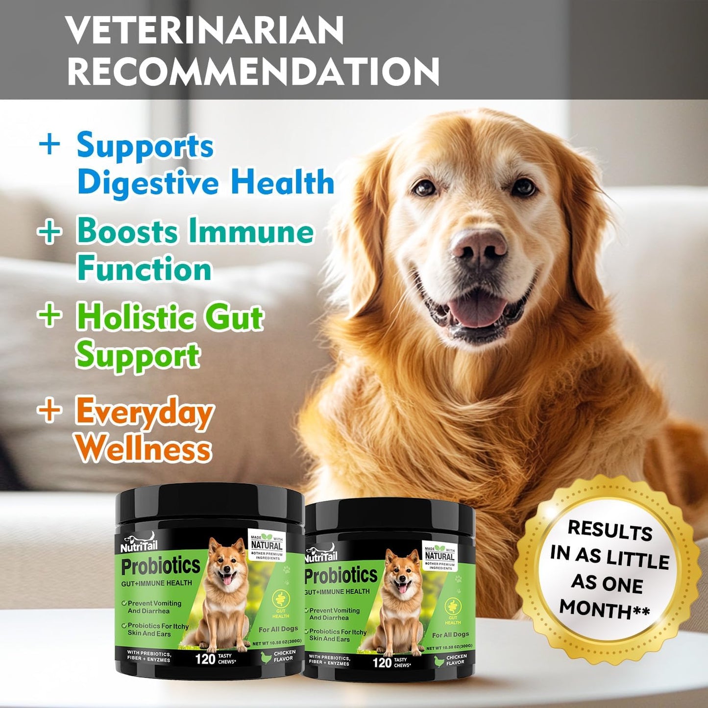 Probiotics for Dogs – Digestive & Immune Support Soft Chews with Prebiotics, Fiber & Enzymes – Relieves Diarrhea, Gas & Itchy Skin – Chicken Flavor Dog Supplement, 120 Chews