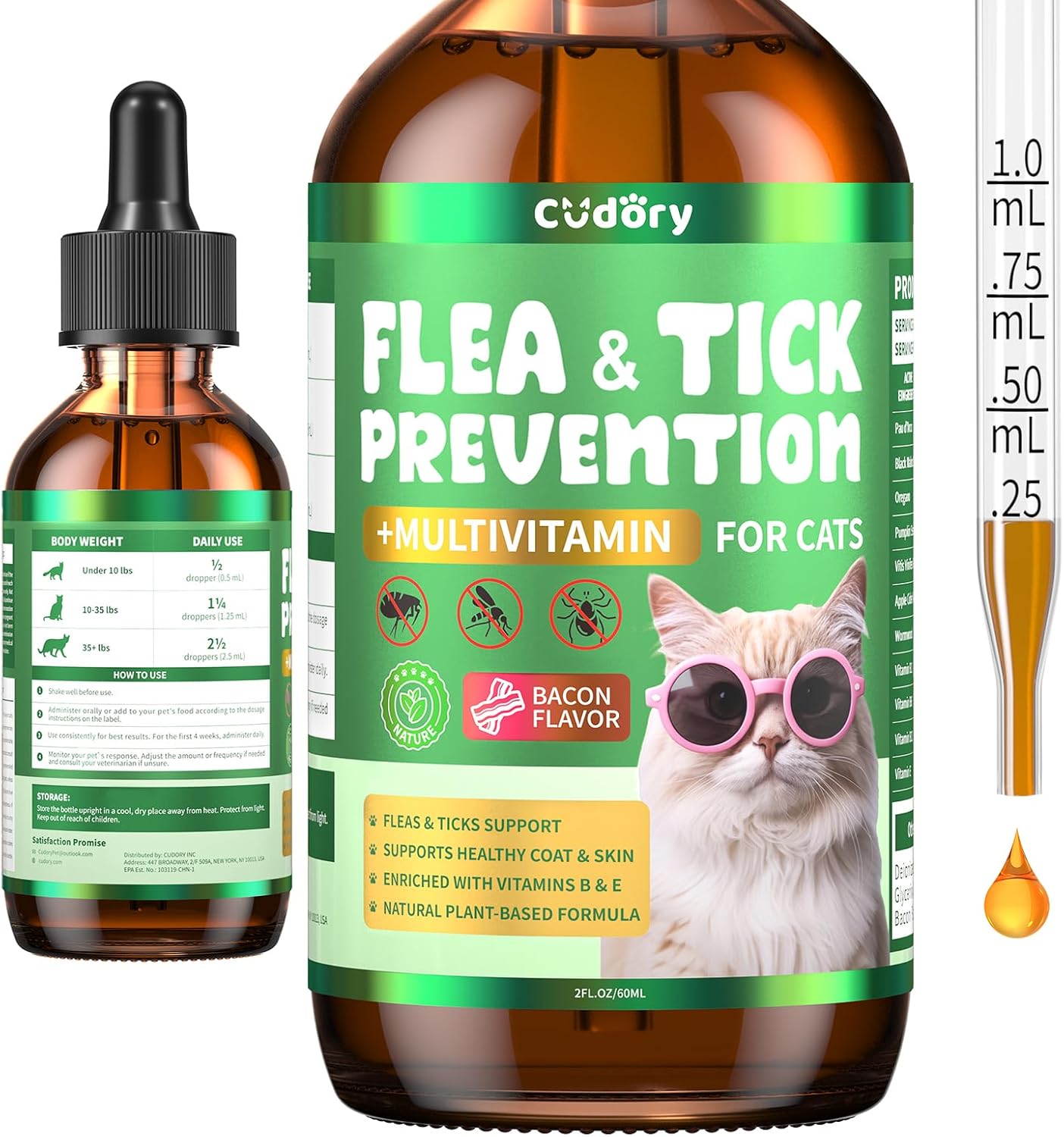 Flea & Tick Support for Cats – Natural Herbal Drops with Multivitamin – Fleas and Ticks Comfort Formula for Cat All Breeds & Ages – Bacon Flavor