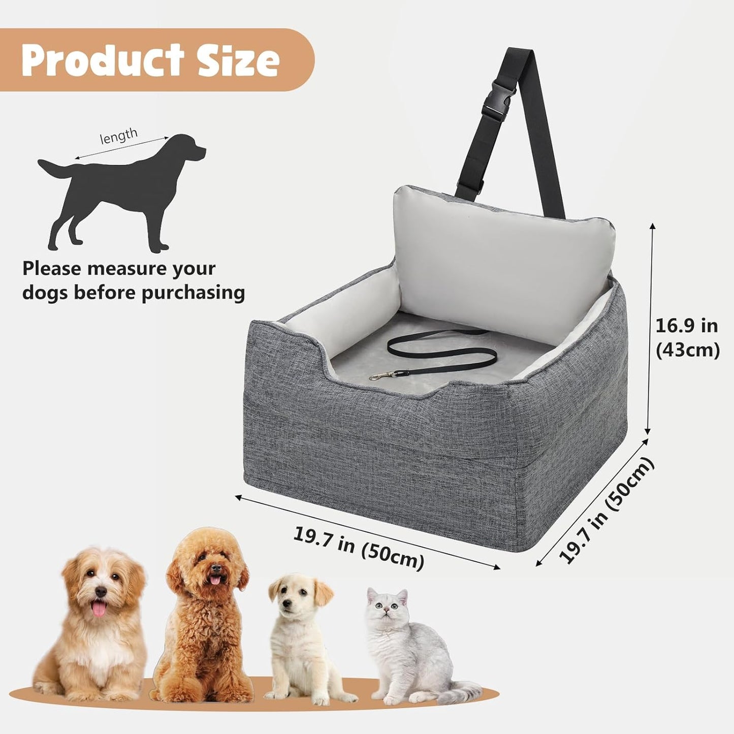 Avont Dog Car Booster Seat for Small/Medium Dogs Under 30 lbs, Elevated Puppy Carseat, Front Seat Pet Car Bed -Grey
