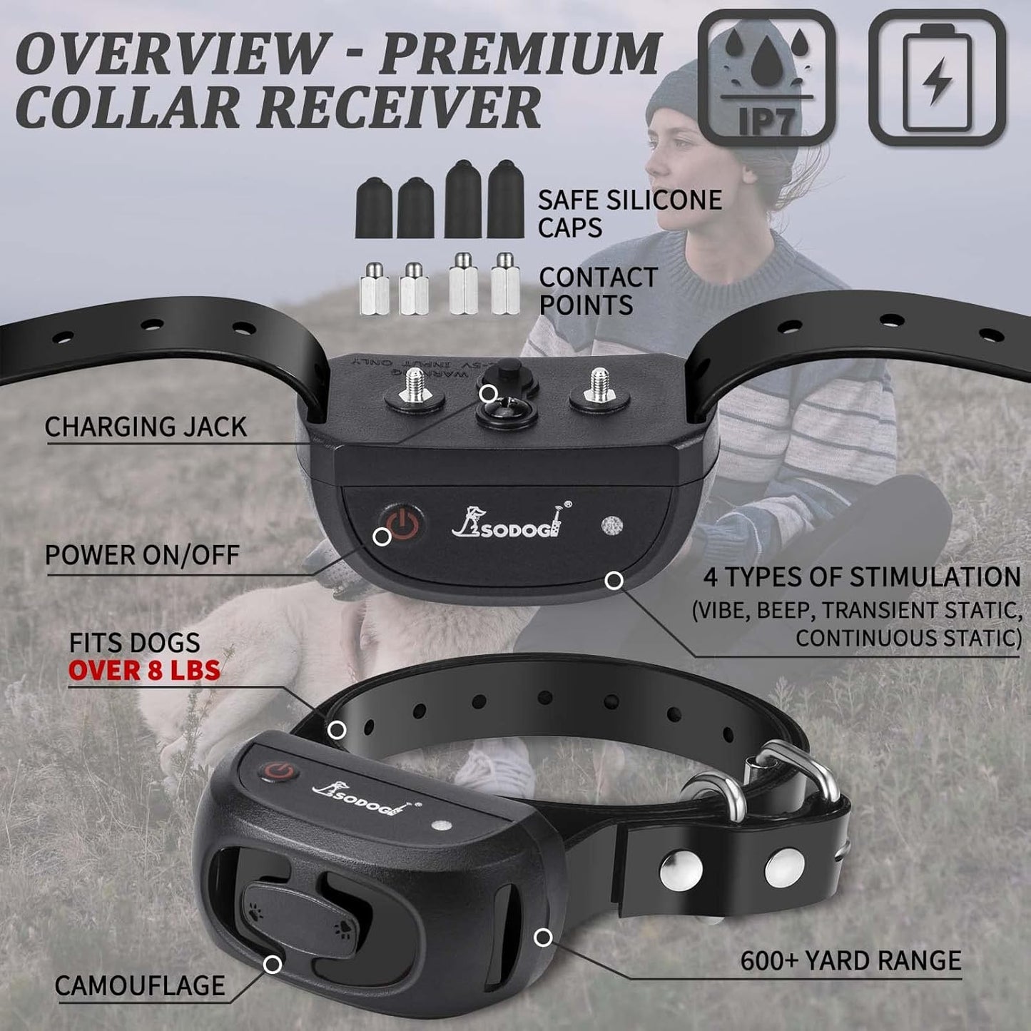 Dog Training Collar with Remote 2000ft, 100% Waterproof Shock Collar for Large Medium Dogs(8-150lbs) with Beep Vibration Shock, Rechargeable Electric Dog Collar with Intensity Dial Knob