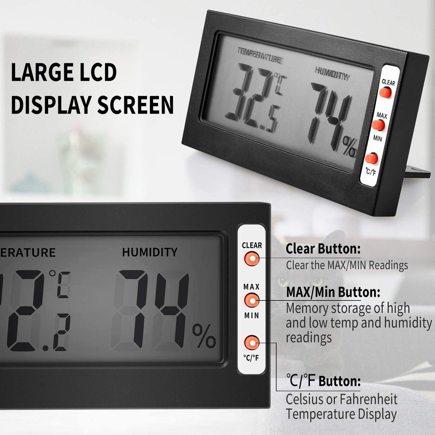 Simple Deluxe Digital Thermometer and Humidity Gauge with Remote Probes for Brooder Reptiles Terrarium, 2 Pack, Black