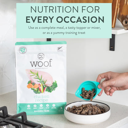 Woof Dog Food Bundle – Freeze Dried & Air Dried Chicken Recipe (1.76 oz Freeze Dried & 26.5 oz Air Dried), High Protein Dog Food Topper, Mixer, or Treat, All Life Stages