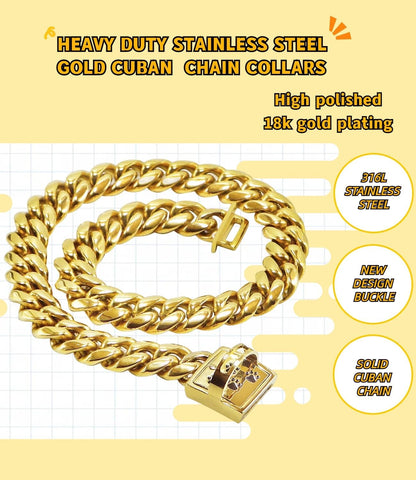 Gold Chain Dog Collars 15MM Stainless Steel Cuban Link Chain Collar with Secure Buckle Design, Metal Walking Training Collars, Chew Proof, Suitable for Small Medium Large Dogs (Gold,12'')