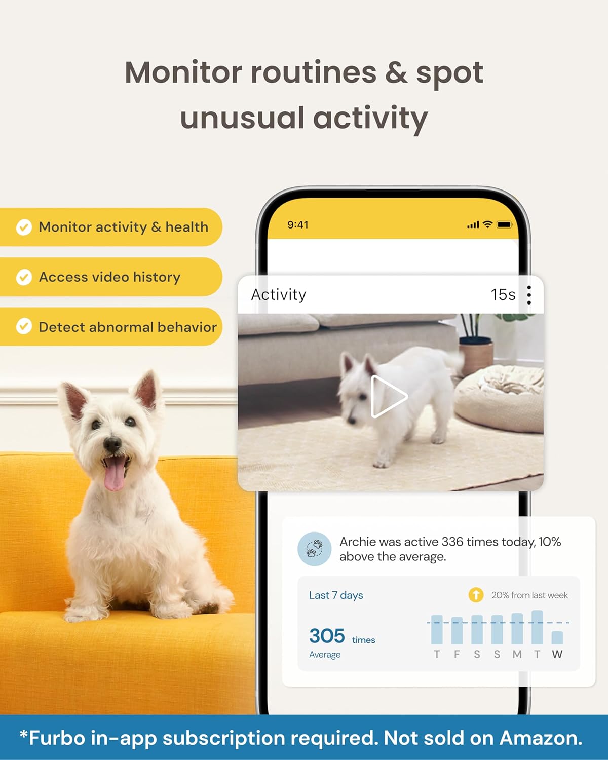 Furbo 360° Dog Camera [Subscription Required] Unlock w/Paid Plan: Home Security & Dog Safety Alerts, Rotating Pet Treat Toss w/ 2-Way Speaker, Smart Cam w/Phone App (Low Risk, 3mo Min. Cancel Anytime)