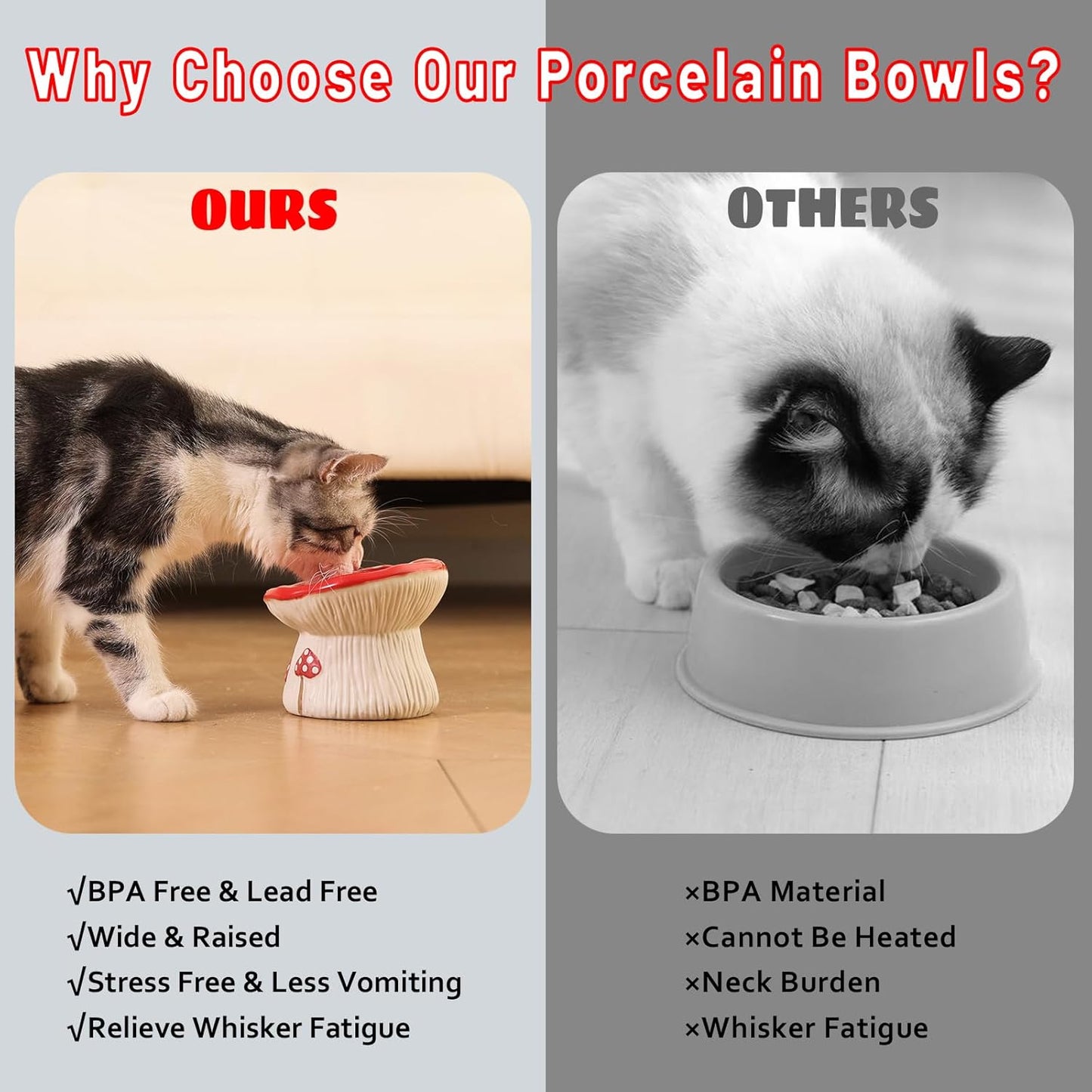 Ceramic Cat Slow Feeder, Cute Mushroom Shape Elevated Food Bowl, Shallow Raised Cat Dish, Anti Vomiting Whisker Fatigue Bowls