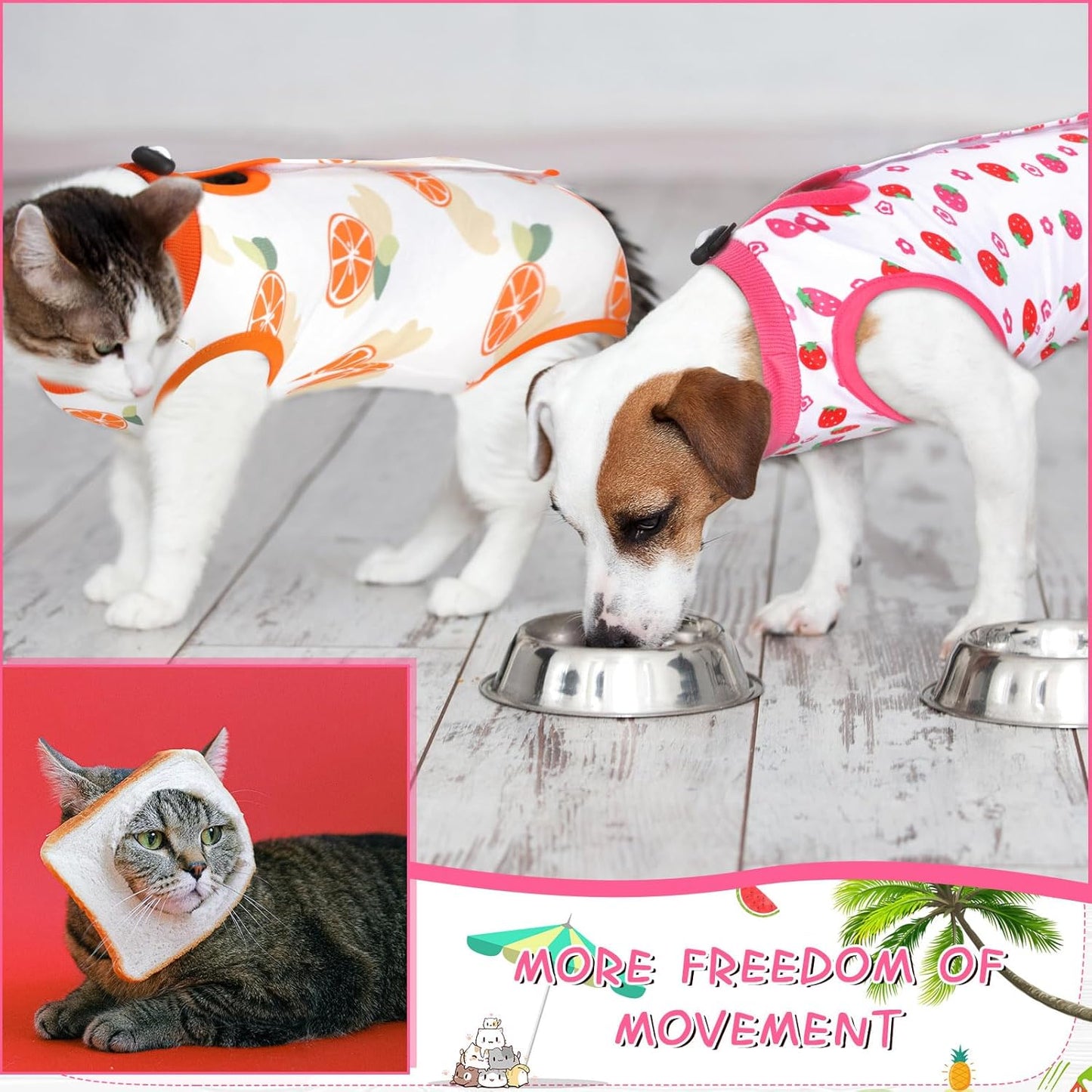 Nuanchu 3 Pieces Cat Recovery Suit Kitten Recovery Suit E-Collar Alternative for Cats and Dogs Abdominal Skin Anti Licking Pajama Clothes Sets(Large,Fruit Style,Colorful)