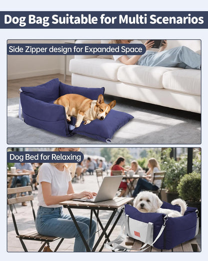 Medium Dog Car Seat for Medium Sized Dogs, Car Seat for Small Dogs with Side Zipper, Waterproof Dog Travel Bed in car with Storage Pockets Up to 25lbs, Memory Foam Filling for Max Support, Dark Blue