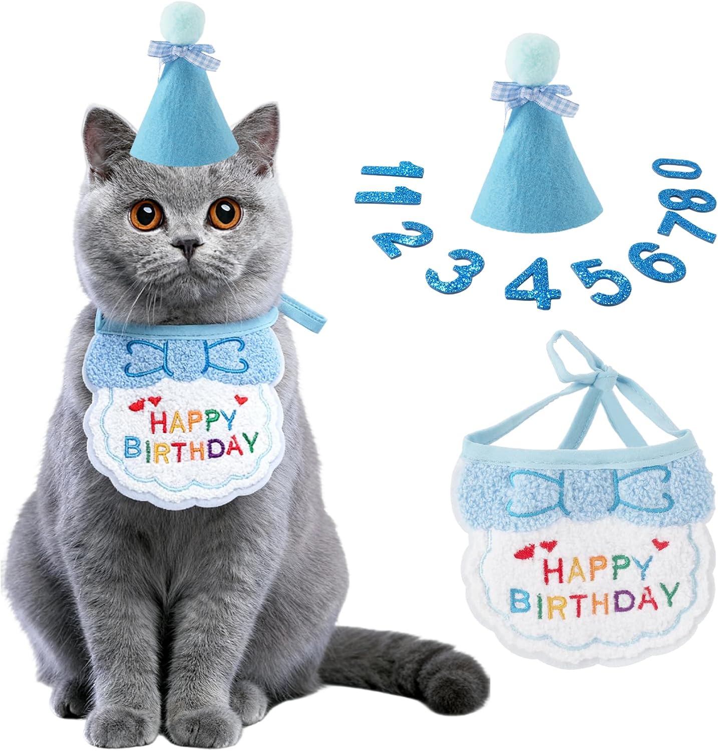Cat Kitten Birthday Bandana Hat, 1Set Numbers Pet Birthday Decorations Outfits, Cute Cats Kittens Apparel Birthday Outfits, Blue Hat with Numbers Cat Bandana Pet Decorations