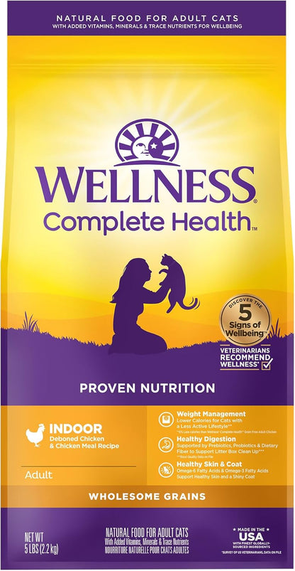 Wellness Complete Health Adult Dry Cat Food for Indoor Cats, Wholesome Grains, Natural, Chicken (5 Pound Bag)